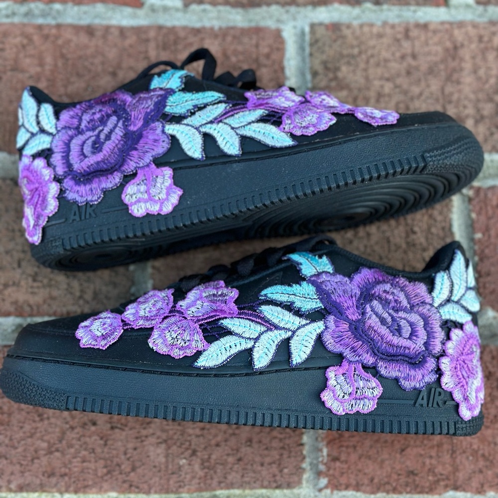 Nike Air Force 1 Low Purple Rose Flower Floral Black Custom Shoes Size 8 Women's